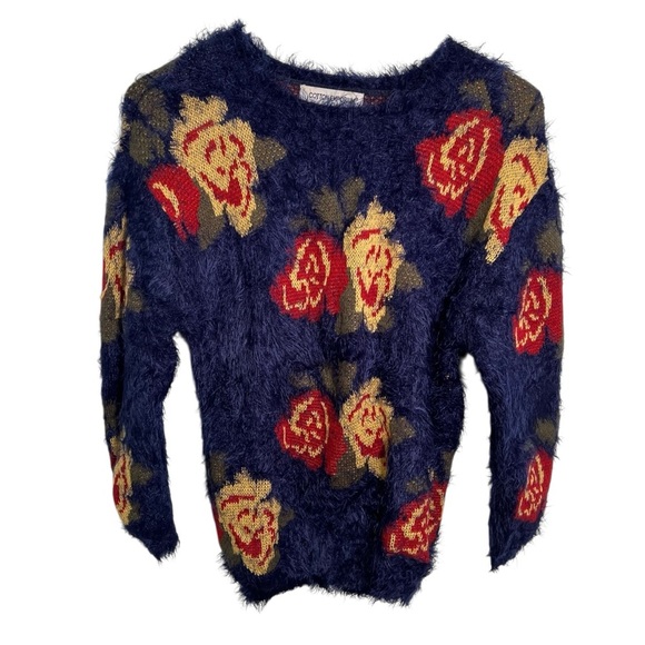 Cotton Emporium Fuzzy Crewneck Sweater Blue Rose Floral S - Picture 1 of 8